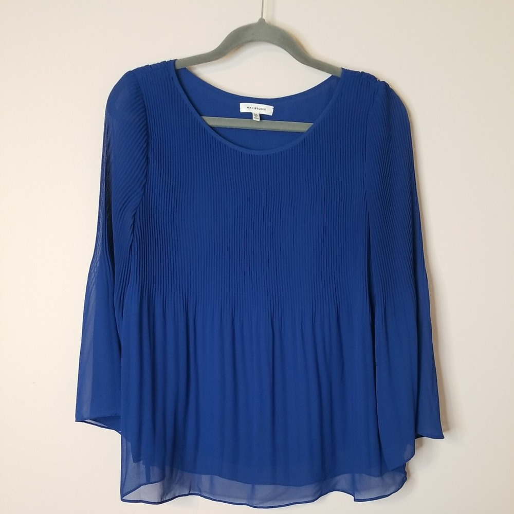 Max Studio Blouse Women M Blue Ethereal Boho Ribbed Flowy Bell Sleeves Romantic
